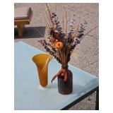 Fall Floral Arrangement in Amber Glass Vase with Orange Accent Vase