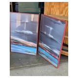 Pair of Framed Abstract Landscape Art Prints with Red Frames