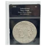 1935 - Peace Silver Dollar - Bradford Mint Certified Very Good