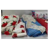 Handmade Twin Size Afghan, Heart Pillow, 2 Doilies, Blue Blanket, Full Flannel Flat Sheet