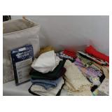Basket of Cloth, Lace Doilies, Ironing Board Cover, Table Linens for Mostly 70" Round Table