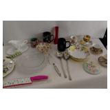 Teacups & Saucers, Trivet, Mugs, Milk Glass Gravy with Tray, Salad & Pie Servers, Cake Knife