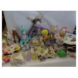 Large Easter Decor Lot - Planter, Votives, Stuffed Animals, Napkin Rings, Tray, Glass Bunny