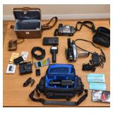 Lot of Vintage Camcorders and Photography Accessories - Versatile Lenses, External Flashes and More