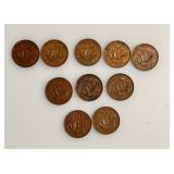 Lot of 10 - Great Britain Half Pennies - 1941 / 42 / 43 / 44 / 45 / 46 / 48 / 49 / 51 / 52
