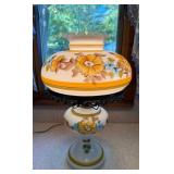 Vintage Floral Milk Glass Hurricane Table Lamp with Hand-Painted Flowers & Chimney - Works Great – L