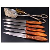 Vintage 6pc Sheffield England Wood Handle Knife Set & Ornate Silver Tone Serving Tongs – Potterville