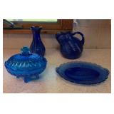 Cobalt & Blue Art Glass Lot - Pitcher, Vase, Covered Dish & Mount Vernon Plate – Lake Odessa Off-Sit