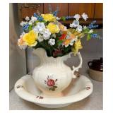 Floral Ceramic Pitcher & Wash Basin Set with Artificial Flower Arrangement (Marking on Bottom) – Lak