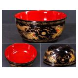 Vintage Black And Red Dragon Lacquerware Bowl Featuring A Glossy Finish And Striking Gold Motif – Po