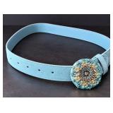 Vintage Aqua Blue Suede Belt w/ Large Ornate Rhinestone Beaded Medallion Buckle Boho Western – Potte