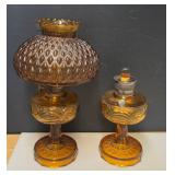 2 Vintage Amber Glass Oil Lamps - One with Shade