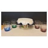 Ceramic Cake Stand and Set of 4 Colorful Libbey Glasses