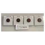 Lot of 4 Early Date Lincoln Cents - 1909 VDB - 1909 - 1910 - 1911