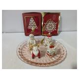 Lenox Porcelain Ornaments & Pink Depression Glass Tray, 4 Character Ornaments, 2 Tree Ornaments - Es