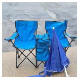 Folding Double Camping Chair With Cooler Armrests and Beach Umbrella Set