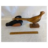 Hand Carved Wooden Pheasant w/ Hand Carved Wooden Hooded Merganser Drake Duck Decoy