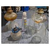 Oil Lamp Lot: 2 Large & 1 Small With 1 Large Glass Shade & 2 Smaller Glass Shades & Oil - Estate Sal