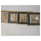 Set 4 Gold Painted Wood Framed Asian Prints: 2 Natural Bird Scenes, 2 Woman Scenes, 15" x 12" - Esta