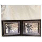 Pair of Framed Old-World Map and Palm Tree Art Prints styled after C. Winterle Olson