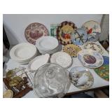 Large Misc. Ceramic Plates Lot With Stands & Glass Food Cover With Floral Base - Estate Sales Wareho