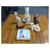 Cat Decor Lot: Vintage White Cat Avon Bottle & Vintage Figurines, 6 Cat Drink Coasters, & Cat Candle