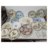 Assorted Plates & Glasses With Plate Holders, Christmas & Bird Themes With Crystal & Glass Glasses -