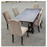 Farmhouse Trestle Dining Table with 6 Upholstered Nailhead Parsons Chairs