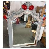 Large Baroque Style Carved Wall Mirror, Painted Gray & Red Distressed Frame