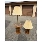 Oak & Brass Sunburst Lamp Set (2): Floor Lamp w/ Glass Table Tray & Table Lamp