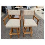 Pair of Oak Bar Stools with Arms, Oatmeal Tweed Upholstered Seat and Back, Footrest Base (2)