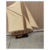 Wooden Model Sailboat Yacht, Gaff Rigged with Canvas Sails, Black Display Stand