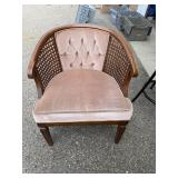 Vintage Cane Barrel Back Club Chair, Tufted Mauve Velvet, Wood Frame, Hollywood Regency Style