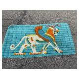 Vintage Latch Hook Rug, Ancient Winged Griffin on Turquoise Brick Wall Design