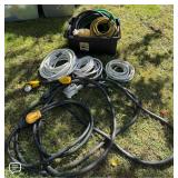 Large Lot of Heavy-Duty Power Cords, Water Hoses, Utility Hoses & Storage Tote - Howard City...