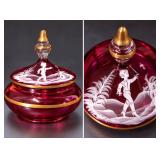 Antique Bohemian Mary Gregory Cranberry Glass Covered Powder Jar White Enamel Boy Gold Gilt - Potterville