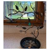 Metal Tree Branch Jewelry Organizer Stand w/ Hanging Hooks, Trinket Tray, and Vintage Jewelry Pieces - Lake Odessa Off-Site