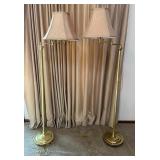 Pair of Brass Finish Swing Arm Floor Lamps with Beige Fabric Shades - Lake Odessa Off-Site