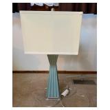 Sage Green Fluted Column Table Lamp with Rectangular Fabric Shade & Clear Base - Lake Odessa Off-Site