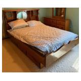 Queen Size Wooden Bookcase Headboard Bed Frame with Storage Cabinets & Decorative Mirror - Lake Odessa Off-Site