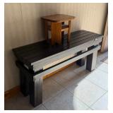 Rustic Wooden Slat Bench with Black and Gray Finish & Small Wooden Step Stool - Lake Odessa Off-Site