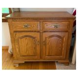 Vintage Oak Wood Two Drawer Storage Cabinet with Double Doors & Decorative Brass Tone Hardware - Lake Odessa Off-Site