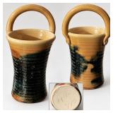 Signed Studio Art Pottery Basket Vase Green & Tan Glaze Loop Handle Dated 2004 - Potterville