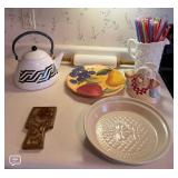 Assorted Kitchen Decor Lot -Ceramic Chef, Milk Glass Pitcher, Rolling Pin & More - Howard City Off-Site
