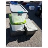 Lot of 4 Storage Totes: 2 Clear with Lids, 1 Grey Latching, 1 Grey Flip-Top