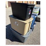 Lot of 5 Storage Totes with Lids - 2 Blue, Grey, Tan & Black