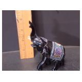 Thai Black Lacquer Hand-Carved Wood Elephant Figurine With A Raised Trunk For Good Luck - Potterville