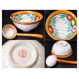 Vintage Hand Painted Floral Ceramic Serving Bowl & Matching Ladle Orange Rim 2 Pc Set - Potterville