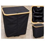 Black Fabric Double Laundry Hamper Basket With Bamboo Frame Lid & Removable Dividers - Potterville