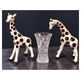 Vintage Lefton Style Spotted Ceramic Giraffe Figurine Pair & Cut Crystal Glass Vase 3pc Lot - Potterville